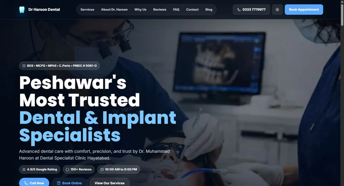 Dr Haroon Dental Specialist Clinic website showing its original treatment hero and navigation