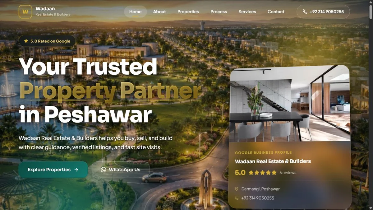 Wadaan Real Estate website with its original property photography and landing page design
